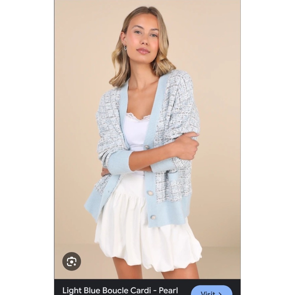 Lulus Light Blue‎ Boucle Knit Cardigan Pearl Button V-Neck Sweater XL Oversized